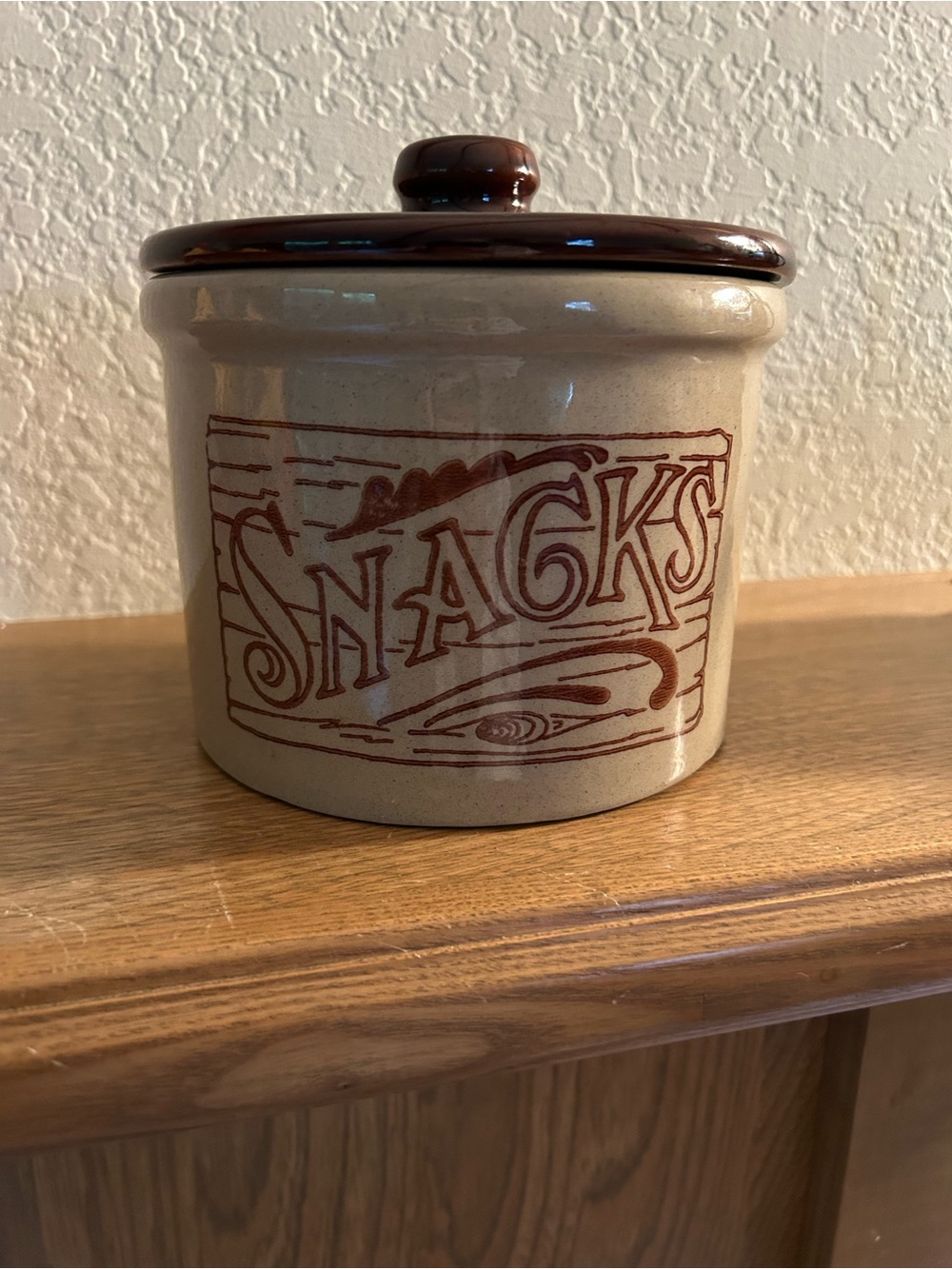 Vintage Ceramic Snacks Canister - Brown Lid, Beige Body